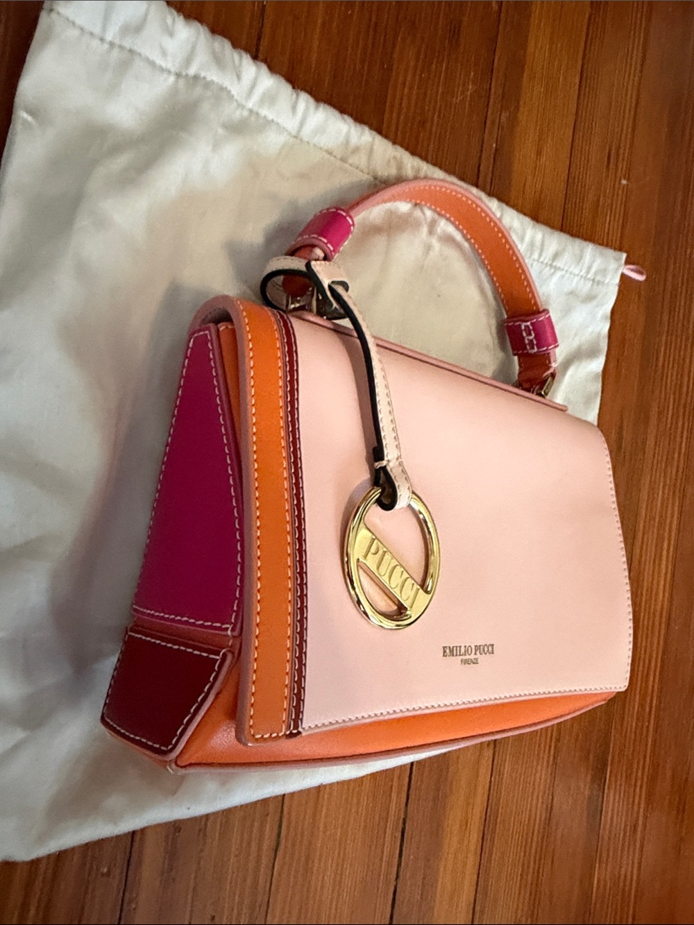 New Authentic Emilio Pucci Pink and Orange Leather Top-Handle Satchel - Picture 5 of 7